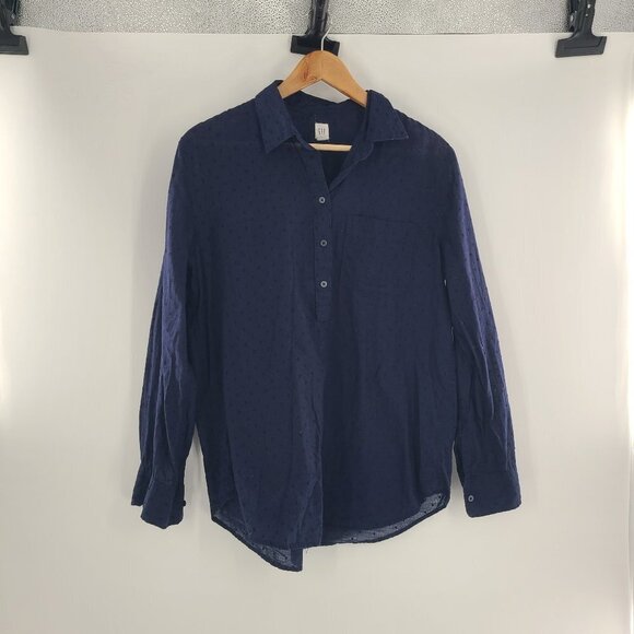 Gap Navy 100% cotton navy Swiss dot 4 button blouse size Medium - Picture 6 of 6